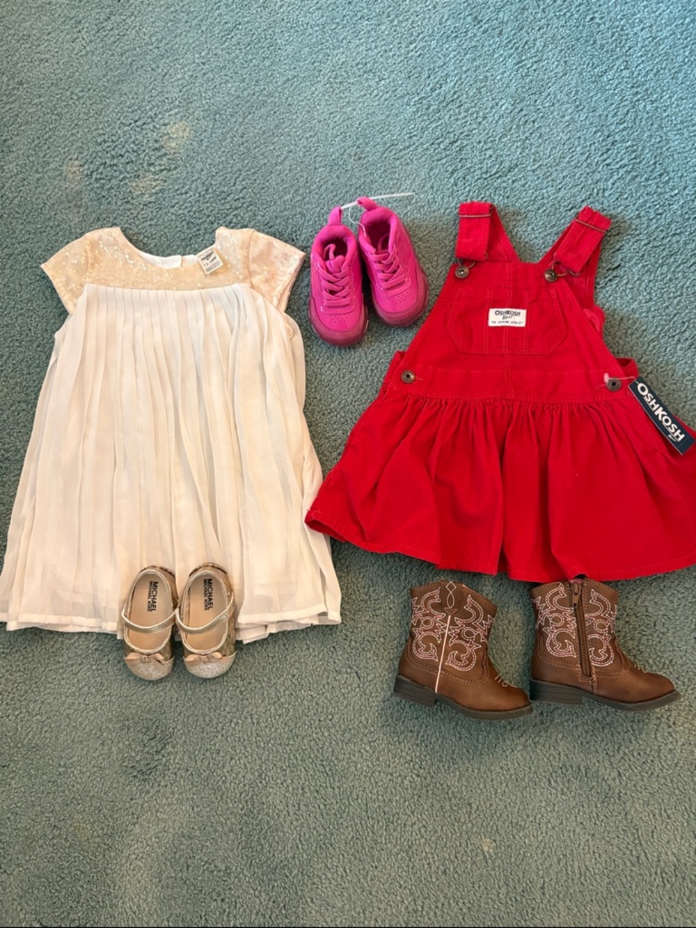 18 month bundle OshKosh Red Corduroy Pinafore Dress, fancy dress and shoes